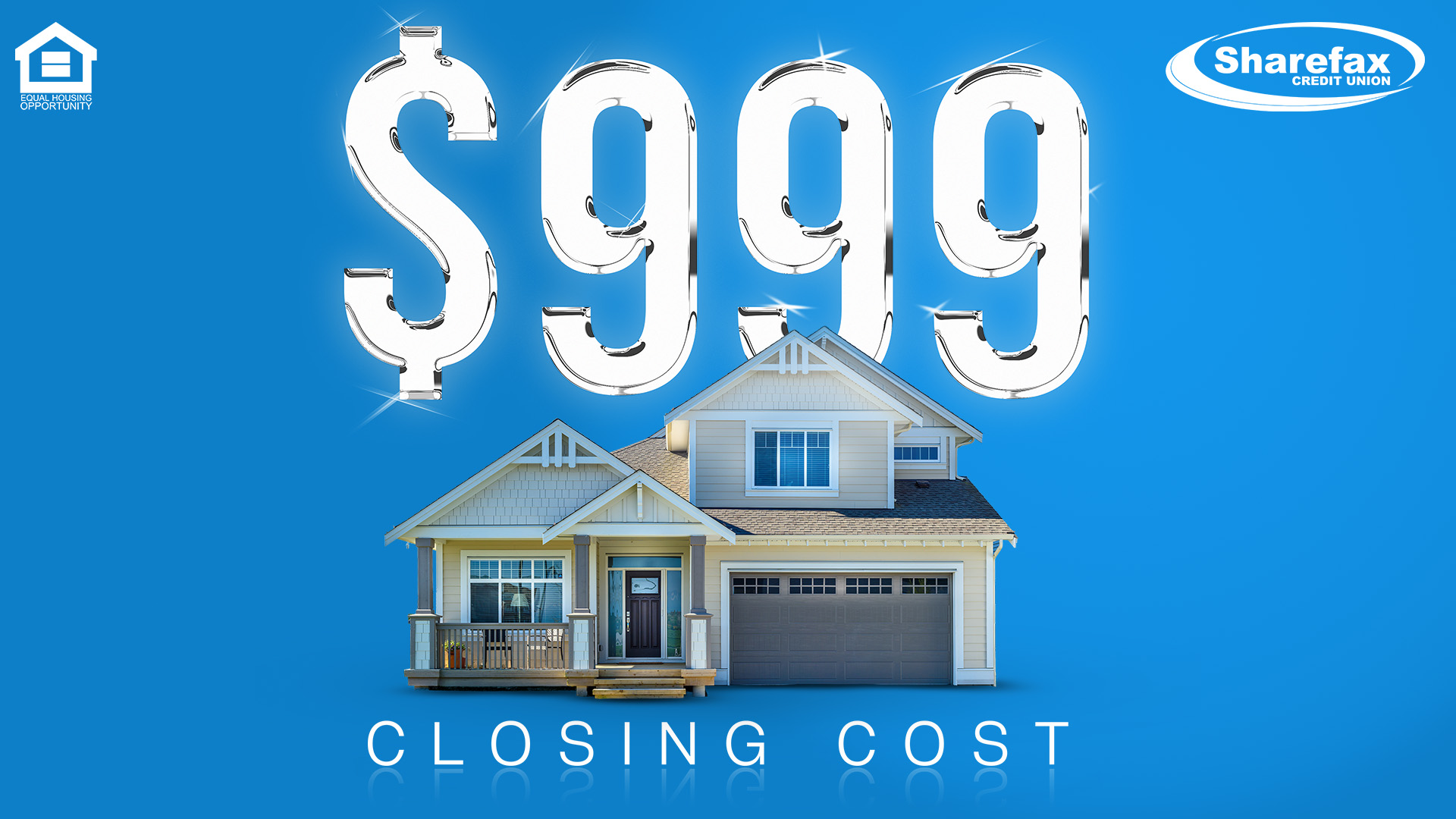 $999 closing cost with a house on a blue background